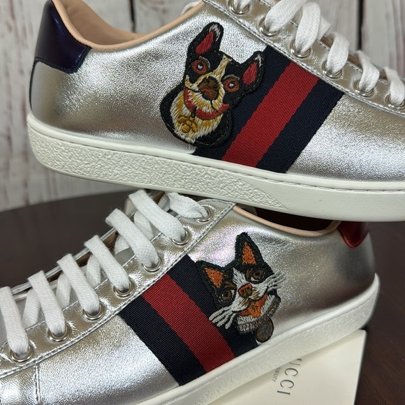 GUCCI ACE Year of the Dog Metallic Silver Women’s Napa Leather Sneakers 7 NiB - Picture 17 of 17